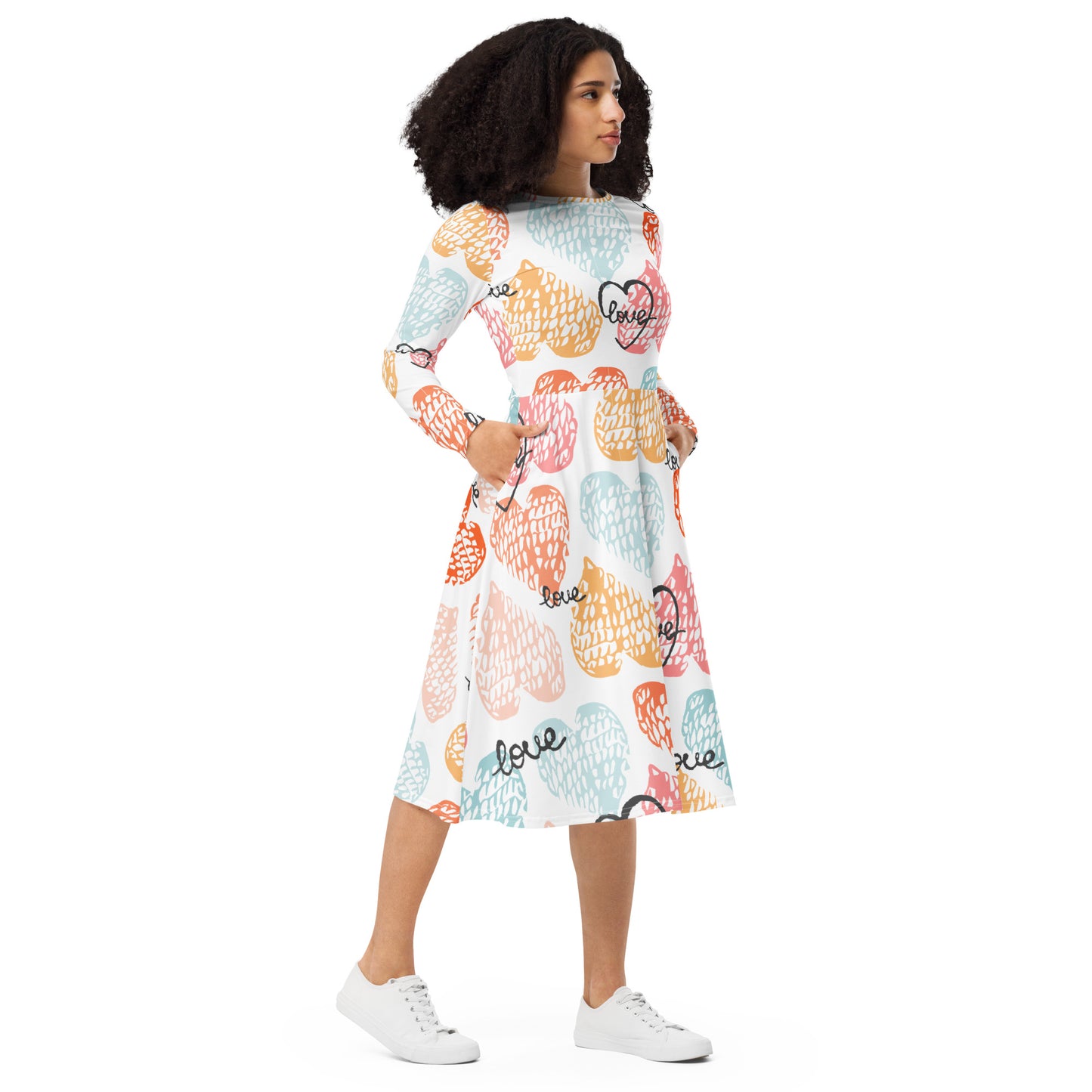 Love Print Long Sleeve Midi Dress